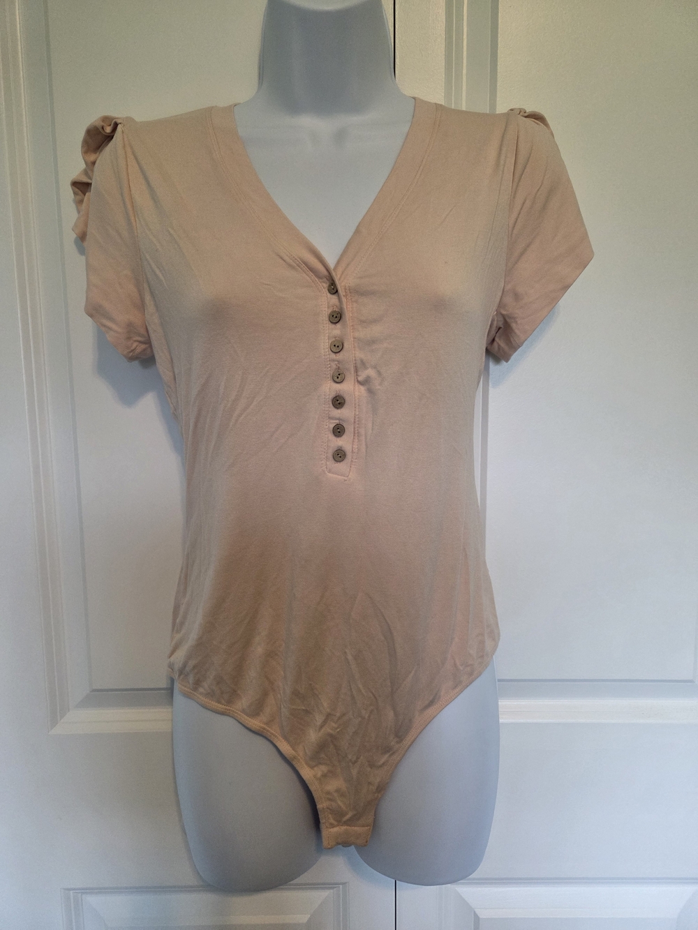 Pale Peach V-Neck Short Sleeve Button-Front Bodysuit